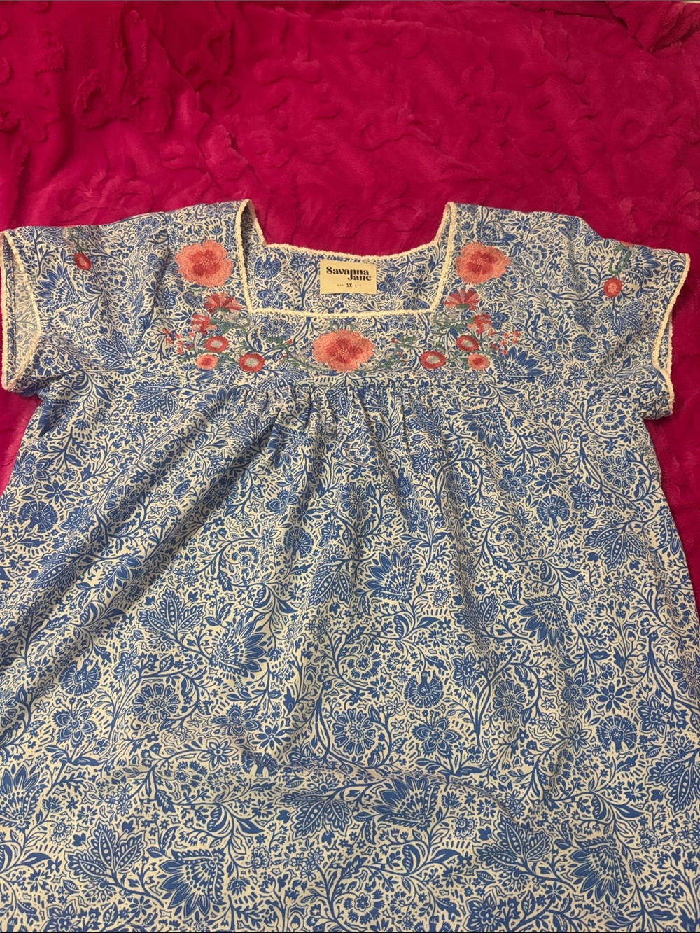 Savanna Jane Blue and Orange Floral Embroidered Girls' Blouse